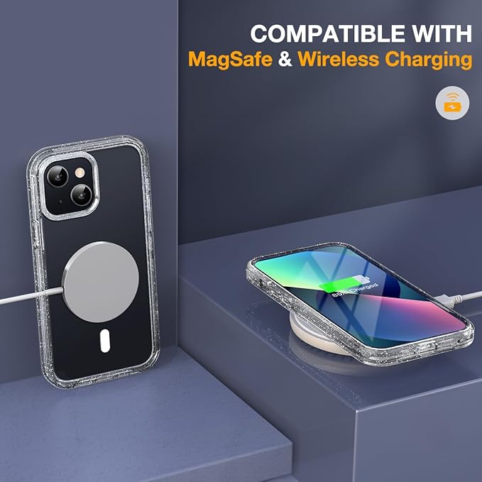 Miracase for iPhone 13 Case 6.1'' [Bubble Free] Full-Body Bumper Phone case with Built-in Full Glass ScreenNo GapCompatible with MagSafeDrop Proof 13 CoverClear Glitter