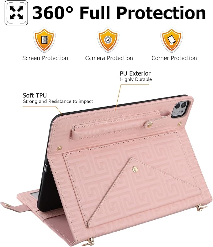 Dteck for iPad Air 13 2024 &amp iPad Pro 12.9 CaseLabyrinth Pattern PU Leather Kickstand Case with Pencil Holder Shoulder Hand Strap Card Pocket Shockproof Protective Magnetic Wallet CasePink