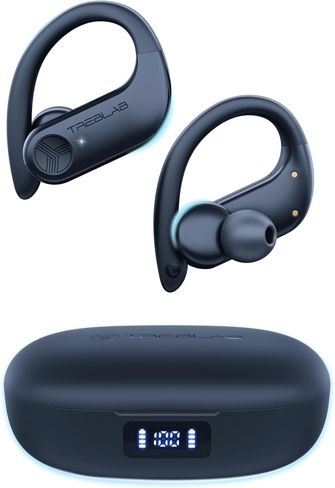 TREBLAB X3 Pro - Sports Wireless Ear Buds Bluetooth - Comfortable Workout Headphones with Secure Ear Hooks 9H Long Battery Life IPX5 Sweatproof Earphones Noise Isolation Over Ear Earbuds