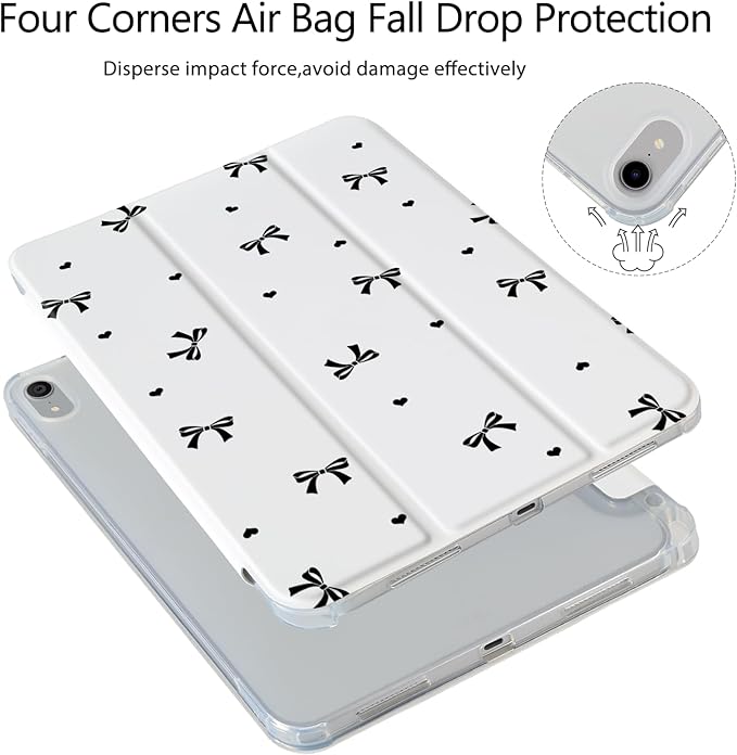 Black Bow Heart Case for iPad mini 7 A17 Pro 2024/iPad Mini 6 (8.3 Inch2021) 6th Gen[Pencil Holder+Auto Sleep/Wake]Slim Trifold Stand Protective Cover with Soft TPU BackWhite