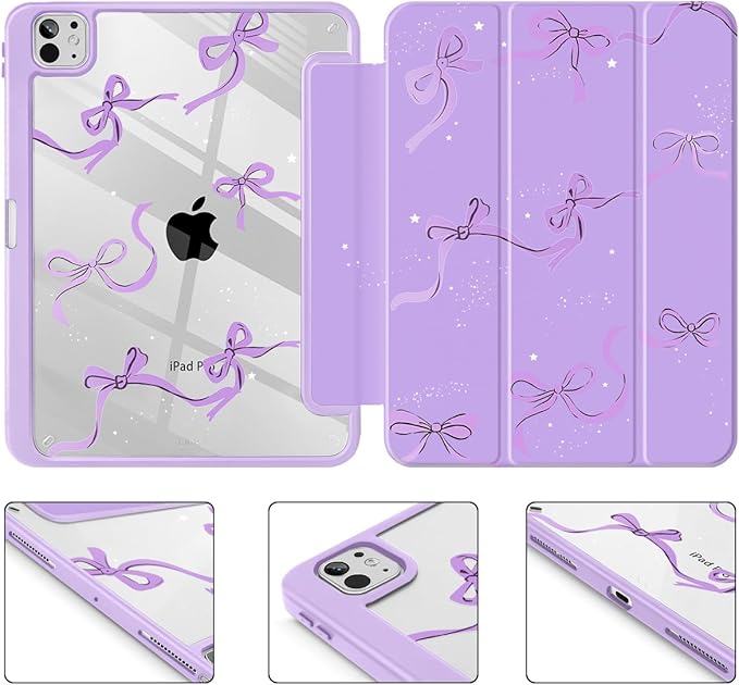 May Chen Case for iPad Pro 11-Inch M5/M4 2025/2024 (6th/5th Generation) Clear Transparent Print Back Shell Slim Stand Shockproof Tablet Cover Auto Wake/Sleep Purple Bows