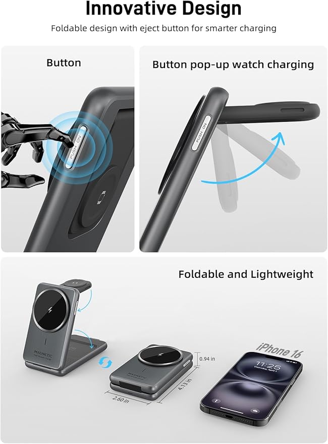 Wireless Charger for iPhone 3 in 1 Mag-Safe Charger for iPhone 17/16/15 Series Airpods Pro 2 iWatch Series 10/9/8/7 Foldable Charging Station for Apple Multiple Devices