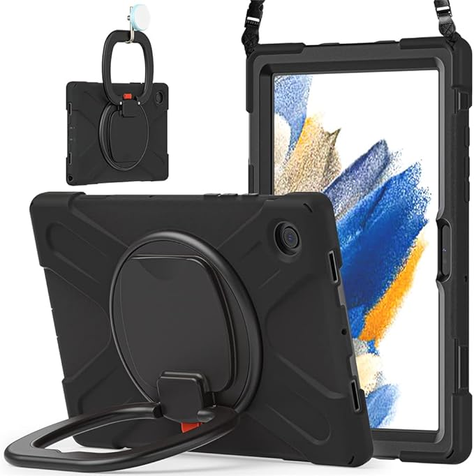 360 Rotation Case for Galaxy Tab A8 10.5 Sturdy Cover Rotate Ring Stand Shoulder Carrying Strap Hand Strap Rugged Children Adults Outdoor Case Black