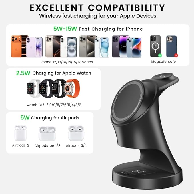 3 in 1 Wireless Charging Station for Apple DevicesMagsafe Charger for IPhone17 16 15 14 13 12 Pro/Max/Plus/Mini Wireless Charger Station for AirPods 2/3/4/Pro iWatch Ultra11/10/9/8/7/SE/6/5/4/3/2