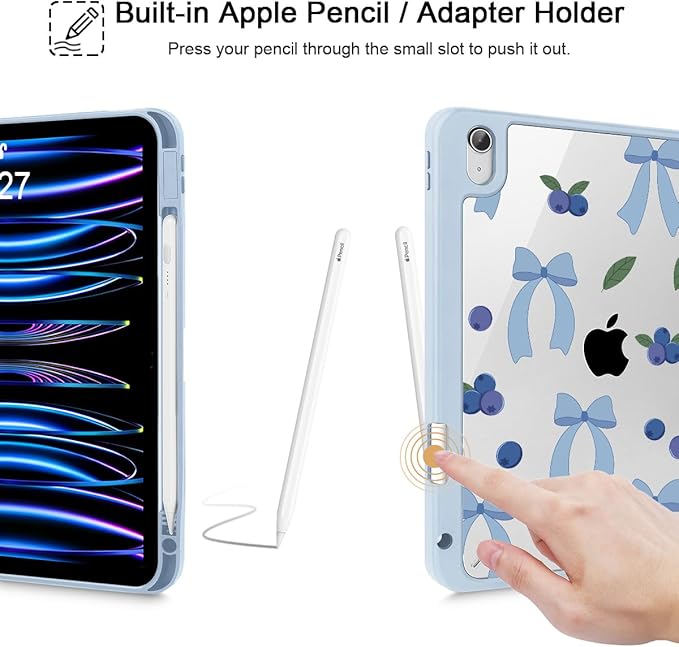 Tuiklol Case for iPad 11 inch (A16 Chip) 2025 Gen 11th / iPad 10.9 inch 2022 10th Gen Buit in Pencil Holder with Shockproof Cover Clear Transparent Back Shell Auto Wake/SleepBlueberries-Blue