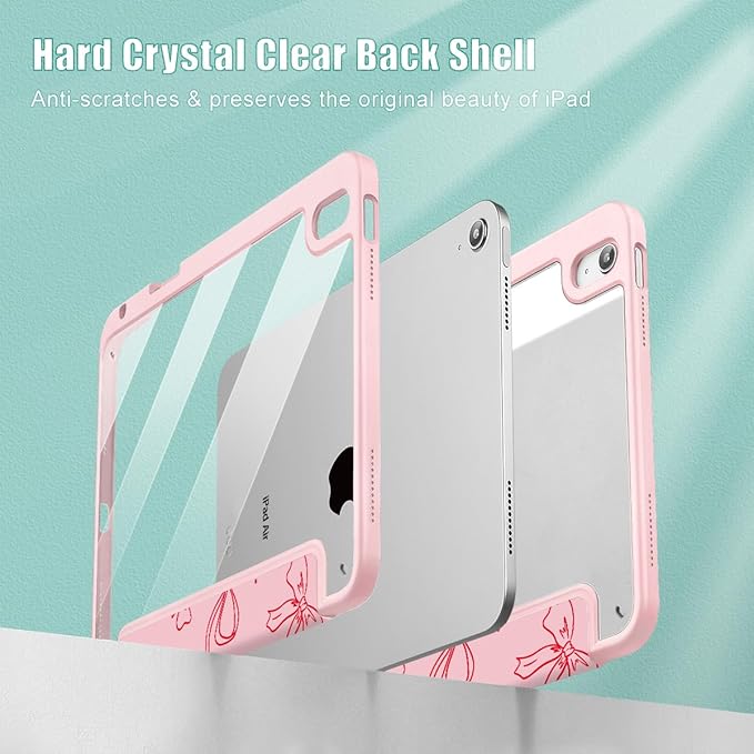 Case for iPad Air 11'' (M4 2026/M3 2025/M2 2024)/ iPad Air 10.9'' Air 5th /4th Gen Shockproof Cover with Clear Back Shell &amp Penceil Holder Auto Wake/Sleep Stand Cover Pink Bows