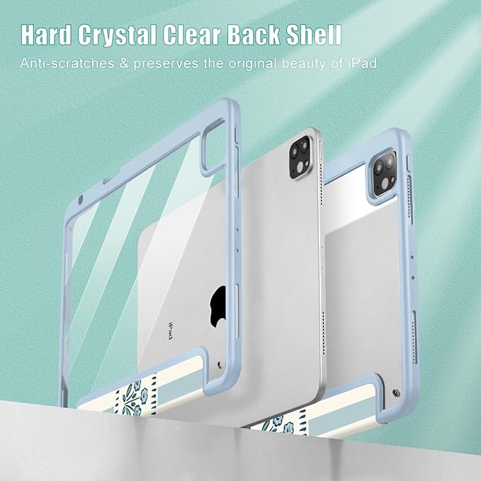 Mektron Case for iPad Pro 11 inch Case M2 2022 Generation 4th Fit 2021 2020 2018 iPad Pro 11 (3rd 2nd &amp 1st Gen) -Buit in Pencil Holder with Shockproof Cover Clear Shell Patchwork Floral