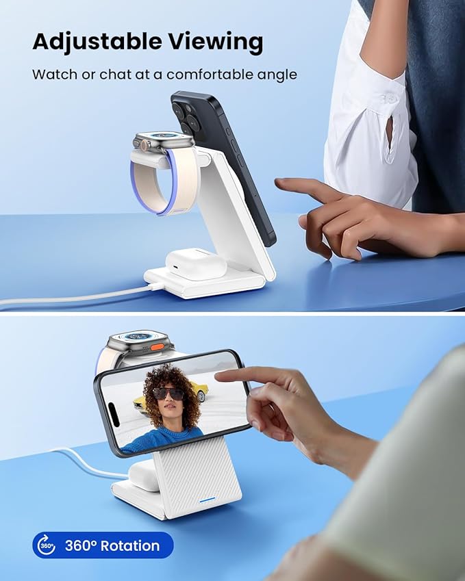 3 in 1 Wireless Charging Station Foldable Magnetic Wireless Charger Stand for Multiple Devices Wireless Charger for iPhone 16/15/14/13/12 Apple Watch 9/8/7/6/SE/5/4/3/2 AirPods 3/2/Pro