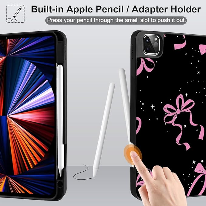 DONGKE Case for 2022/2021/2020/2018 iPad Pro 11 inch Gen 4/3/2/1 - Slim Protective Case - Built in Pencil Holder Support Charging - Trifold Stand &amp Sleep/Wake Cover - Bows &amp Stars