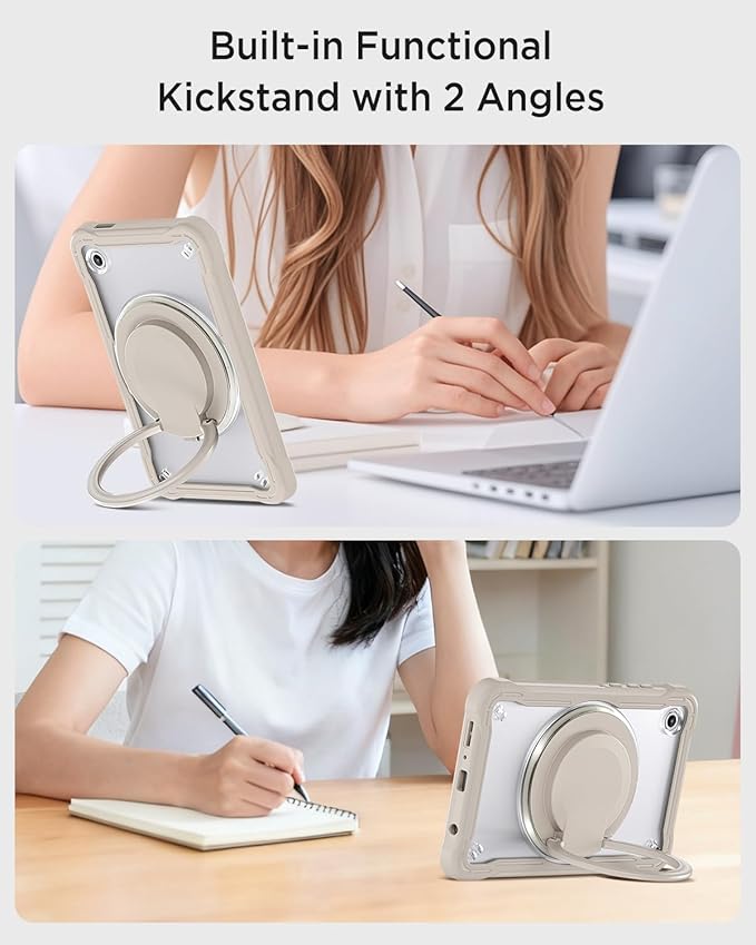 Miimall Case for Galaxy Tab A11 8.7 Inch 2025 with 360 Rotating Stand Bulit-in Shoulder Strap Shockproof Rugged Kids Friendly Shell Stylus Holder Cover for Samsung Galaxy A11 Tablet Khaki Clear