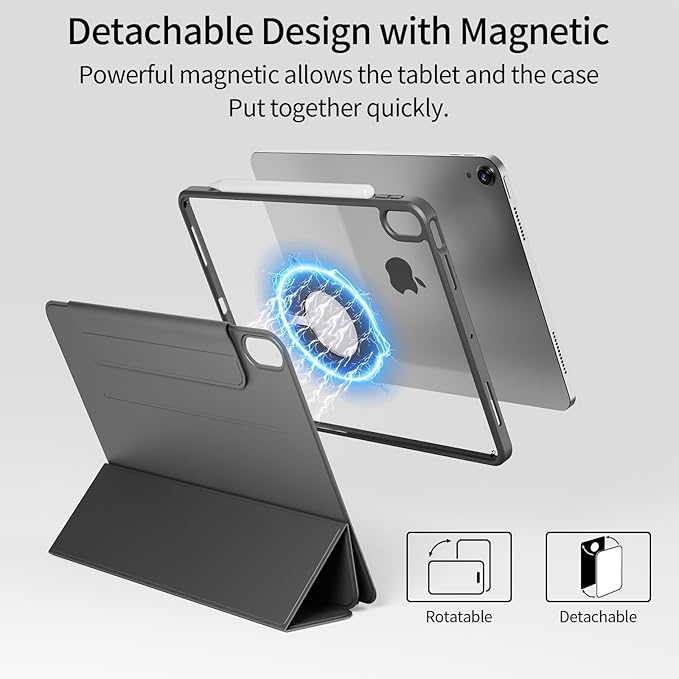 for iPad (A16) 11th Generation 11 Inch 2025/ 10th Generation 10.9 Inch 2022 Hybrid Case with Pencil Holder | Detachable Magnetic Cover | Portrait/Landscape Stand | Clear Hard Back Black