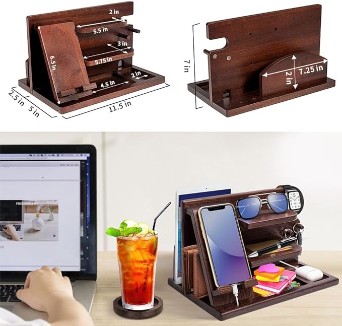 Wood Phone Docking Station - Gifts for Men Desk or Nightstand Organizer - Birthday Gifts for Husband Fathers Day for Dad - Anniversary Idea from Wife - Key Holder Stand Wallet Watch &amp Essential