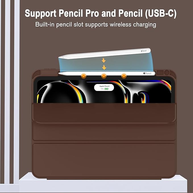 ZryXal New iPad Pro 13 Inch Case (M5) 2025 / (M4) 2024 with Pencil Holder Smart iPad Case [Support Pencil Pro and Pencil (USB-C)] Support Touch ID and Auto Wake/Sleep (New Chocolate)