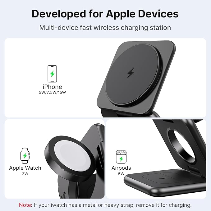 3 in 1 Charging Station for Apple Multiple Devices Zinc Alloy Foldable Travel Wireless Charging pad for Mag-Safe Wireless Charger Stand for iPhone 17 16 15 14 13 12 Apple Watch Airpods