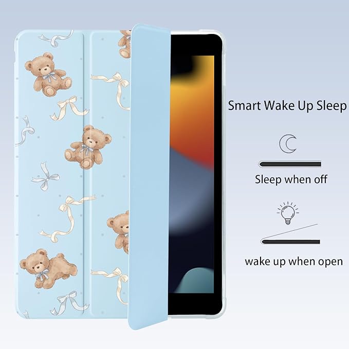 Cute Kawaii Bear Bow for iPad Pro 12.9 Inch Case 5th/6th Generation 2022/2021/2020 with Pencil Holder Auto Sleep/Wake Blue Leather Soft TPU Back Cover