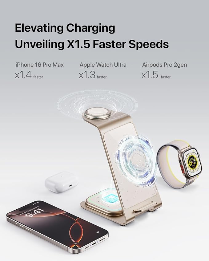 Intoval Aluminum 3 in 1 Wireless Charging Station for iPhone 17 16 15 14 13 12 11 Pro Max XR Wireless Charger for Apple Watch 11 10 9 8 7 Ultra SE 3 2 Phone Charger for AirPods 4 Pro 2 3 (Desert)