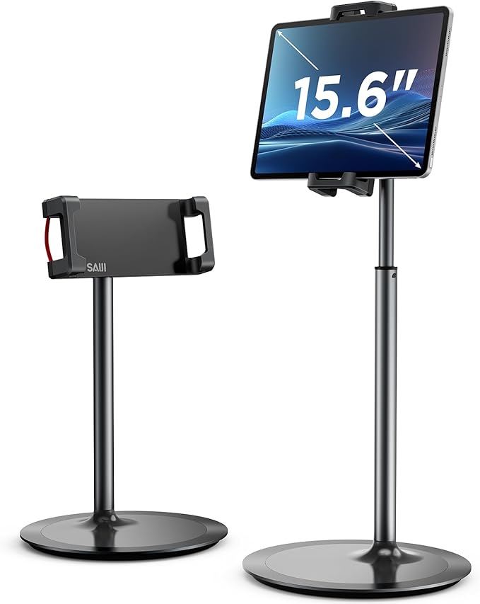 SAIJI Tablet Stand Holder Extra-Height Adjustable Kindle Stand 360 Degree Rotating iPad Holder Aluminum Alloy Cradle Mount Dock for 4.7-15.6 iPhone Samsung Tablets Portable Monitor (Black)