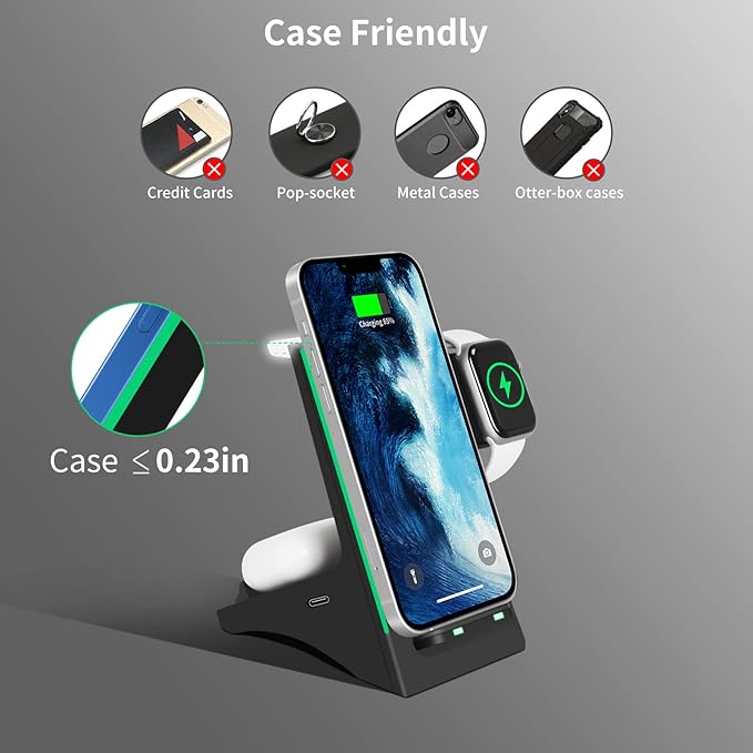Wireless Charger 3 in 1 Wireless Fast Charging Stand Dock for Apple Watch 6/5/4/3/2 Airpods 2/Pro iPhone 13/13 Pro/13 Pro Max /12/11/Pro/Pro Max/X/Xr and Other Qi-Certified Phones-Black