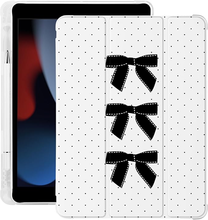 Cute Black Polka Dot Bow for iPad Air 13 Inch Case M3 2025/M2 2024 with Pencil Holder Auto Sleep/Wake White Leather Soft TPU Back Cover