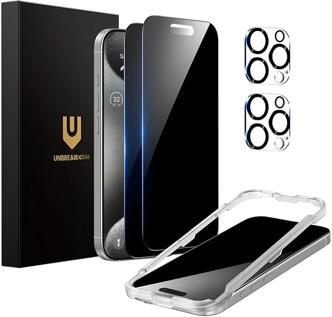 UNBREAKcable Privacy Screen Protector for iPhone 15 Pro (6.1-Inch) 2-Pack + 2 Lens Protectors｜25° Anti-Spy｜9H Hardness｜Anti-Fingerprint｜HD Clarity Tempered Glass