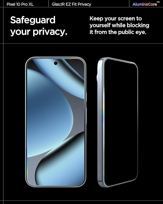Spigen AluminaCore Tempered Glass Screen Protector [GlasTR EZ FIT - Privacy] designed for Pixel 10 Pro XL | Pixel 9 Pro XL [2 Pack] 9H+ Hardness Aluminum-Enhanced Durability and Impact Resistance