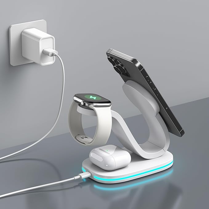 4-in-1 Wireless Charging Station Qi2 15W Charger Station for iPhone 17/16/15/14/13/12 Series Watch Airpods 1-8/Ultra iPad AirPods (White 4 in 1)