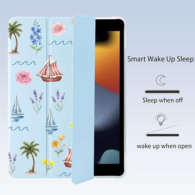 Cute Palm Tree Flower for iPad Air 13 Inch Case M3 2025/M2 2024 with Pencil Holder Auto Sleep/Wake Blue Leather Soft TPU Back Cover