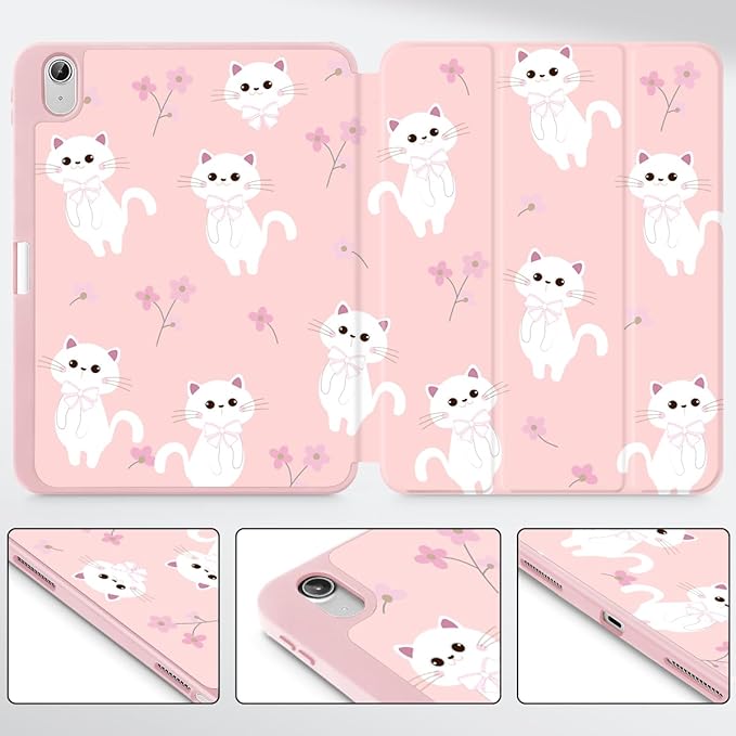 Tuiklol Case for iPad 10.2 Inch 2021 2020 2018 Release 9th / 8th / 7th Generation Built-in Pencil Holder TPU Protective Stand Back Cover Trifold Stand-Auto Wake/Sleep Cat-Pink