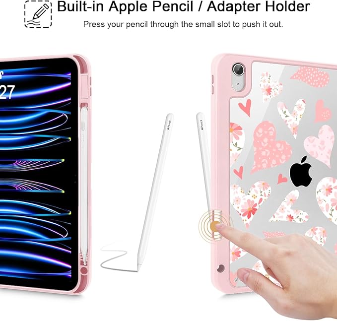 Tuiklol for 2025 iPad (A16 Chip) 11th Generation 11 inch/iPad 10th Generation 10.9 inch 2022 Case Buit in Pencil Holder with Clear Back Shell Cover Trifold Stand Auto Wake/SleepHearts Flower