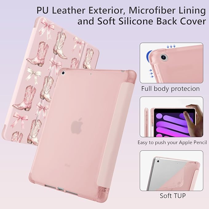 Cute Cowgirl Boots Pink Bow for iPad Air 11 Inch Case 7th/6th Generation (M3/M2) 2025/2024 with Pencil Holder Auto Sleep/Wake Pink Leather Soft TPU Back Cover