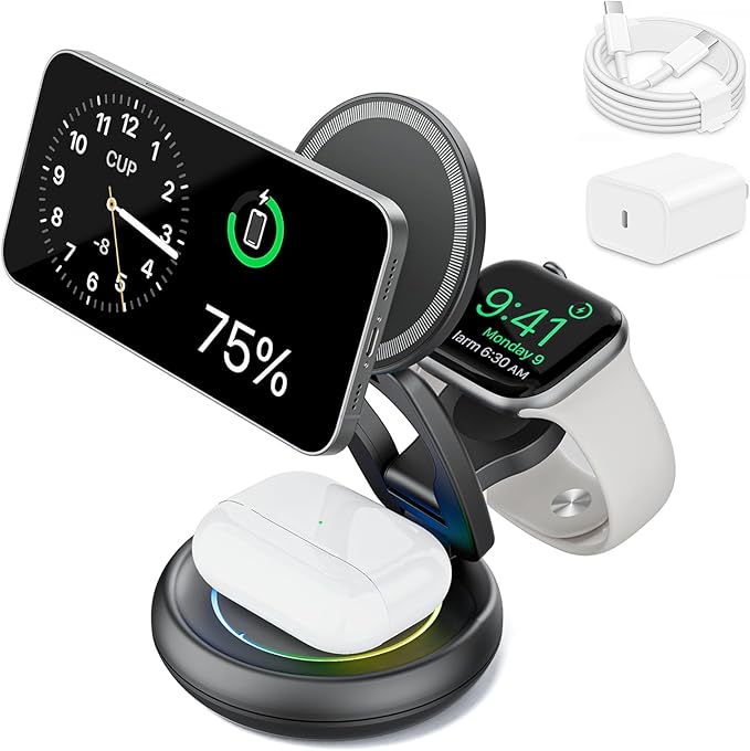 Wireless Cell Phone Charger Station 3 in 1 Magnetic Wireless Fast Charger Dock Stand for iPhone 16/15/14/13/12 Apple Watch and AirPods Pro 15W USB-C iPhone Wireless Charger Gray（20W Adapter）