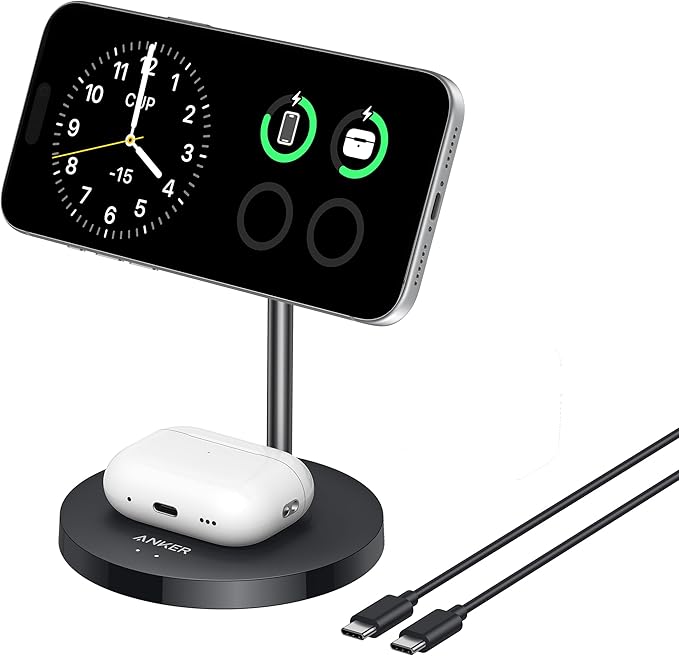 Anker MagSafe Compatible MagGo Charger Stand iPhone 17 Wireless Charger 2-in-1 Charging Station Qi2 Certified 15W Fast Charging for iPhone 17/16/15/14/13/12 AirPods Pro (Black No Adapter)