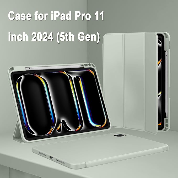 ZryXal iPad Pro 11 Inch Case (M5) 2025/ (M4) 2024 (Model: A2836/A2837/A3006) Trifold Stand Smart Cover with Pencil Holder and Soft TPU Back Auto Wake/Sleep (Sega Green)