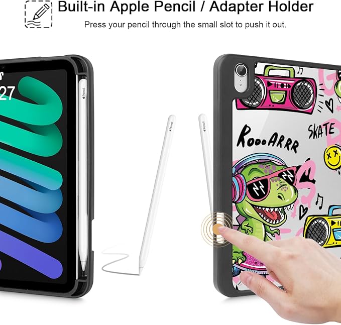 Mektron Printed Case for iPad mini 7 (A17 Pro) 2024/ Mini 6 2021 iPad mini 7th/6th Generation 8.3-inch Liquid Retina Display Cover Buit in Pencil Holder with Clear Back Shell Cool Dinosaur