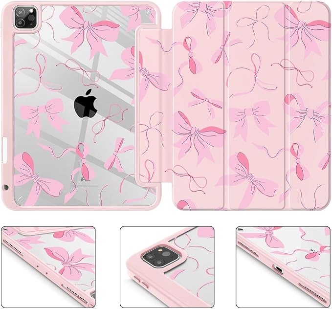 May Chen for iPad Pro 11 inch M2 4th Generation 2022 iPad Pro 11 3rd/2nd/1st Gen Case with Transparent Shockproof Back Cover [Built-in Pencil Holder Auto Sleep/Wake Pink Bows P631