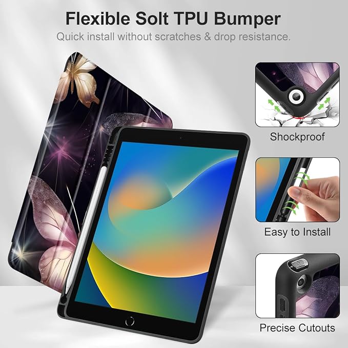 Mektron Designed Printed iPad 10.2 Case 9th Gen (2021)/ 8th Gen (2020)/ 7th Gen (2019) with Pencil Holder Slim Protective Case with Soft TPU Back Auto Wake/Sleep for iPad 10.2 Inch Butterfly