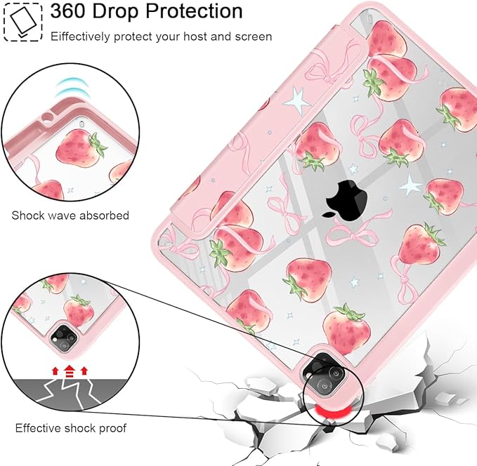 May Chen for iPad Pro 11 inch M2 4th Generation 2022 iPad Pro 11 3rd/2nd/1st Gen Case with Transparent Shockproof Back Cover [Built-in Pencil Holder Auto Sleep/Wake Bow Strawberry