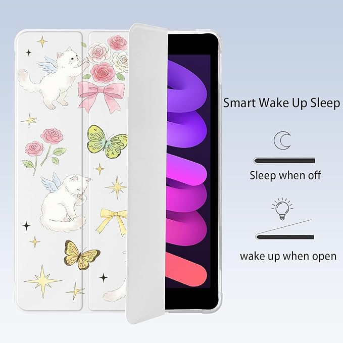 Cute Cat Kitten Butterfly for iPad Pro 13 Inch Case (M5/M4) 2025/2024 with Pencil Holder Auto Sleep/Wake White Leather Soft TPU Back Cover