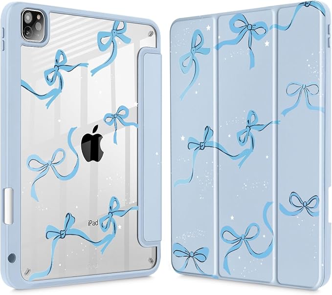 May Chen for iPad Pro 11 inch M2 4th Generation 2022 iPad Pro 11 3rd/2nd/1st Gen Case with Transparent Shockproof Back Cover [Built-in Pencil Holder Auto Sleep/Wake Bows Blue