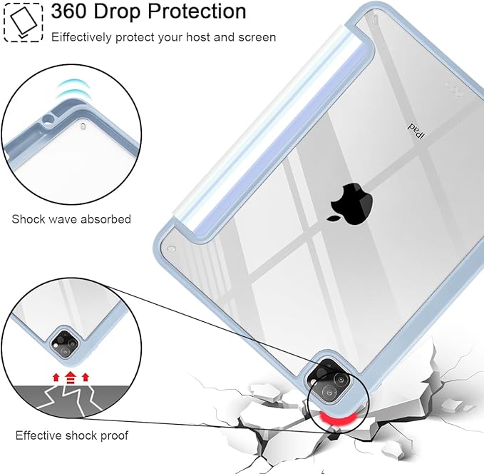 Mektron Case for iPad Pro 11 inch Case M2 2022 Generation 4th Fit 2021 2020 2018 iPad Pro 11 (3rd 2nd &amp 1st Gen) -Buit in Pencil Holder with Shockproof Cover Clear Shell Blue Striped