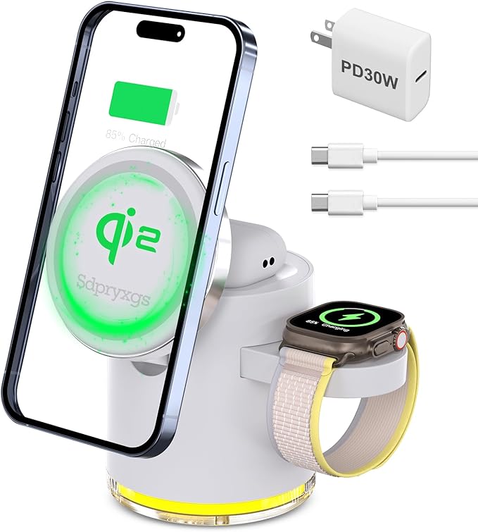 New Generation Qi2 Certified 3 in 1 Magnetic Wireless Charging Station Compact Fast Charging Stationfor Apple iPhone12-17iWatchesAirPodsSamsung Phones and Watches(30W Adapter Included)(White)