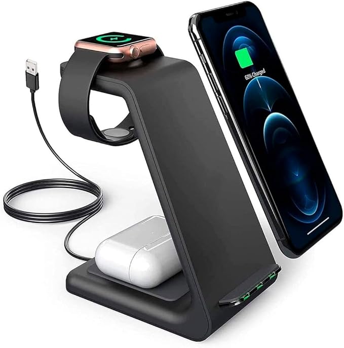 LUNOX 3 in 1 Magnetic Wireless Charger Foldable Fast Charging Station USB-C Portable Charging Stand for Smartphone Smartwatch and Earbuds Compact Desk and Travel Charger Black &amp White