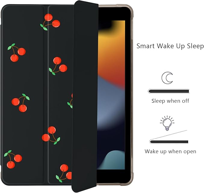 Cute Kawaii Cherry for iPad Pro 11 Inch Case 4th/3rd/2nd Generation 2022/2021/2020 with Pencil Holder Auto Sleep/Wake Black Leather Soft TPU Back Cover