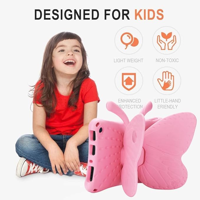 Fire HD 8 Kids Tablet Case 10th Gen 2020/2022 Pink Butterfly Design EVA Foam Kickstand Handle For Amazon Fire HD 8 Kids Tablet 2020/2022 8 inches Case for Playtime Learning Travel
