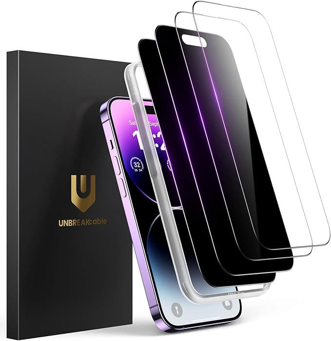UNBREAKcable 4PCS Screen Protector for iPhone 14 Pro - 2 Privacy Tempered Glass+2 Clear Glass Double Shatterproof [Installation Frame] [9H Hardness] [Case Friendly] Anti-Scratch for iPhone 6.1 inch