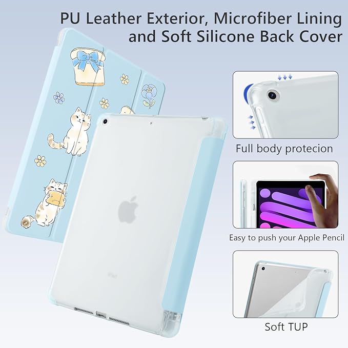 Cue Kawaii Kitten Cat for iPad Air 11 Inch Case 7th/6th Generation (M3/M2) 2025/2024 with Pencil Holder Auto Sleep/Wake Blue Leather Soft TPU Back Cover