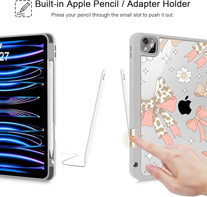 Tuiklol Case for iPad Pro 12.9 Inch M2 Case 2022 2021 2020 2018 Generation 6th/5th/4th/3rdBuilt-in Pencil Holder Clear Transparent Protective Back Shell Cover Leopard Bow Pink