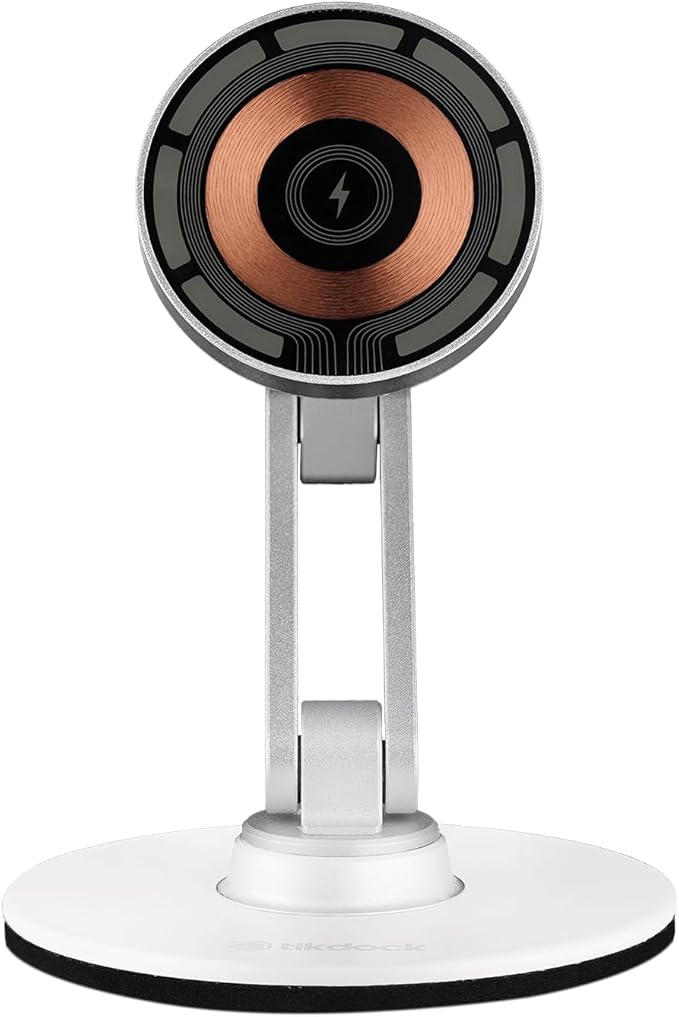 ClikDock Cell Phone Magnetic Wireless Charger Stand 360° Spin Aluminum Construction Compatible with MagSafe Phones for iPhone &amp Andriod (Platinum)