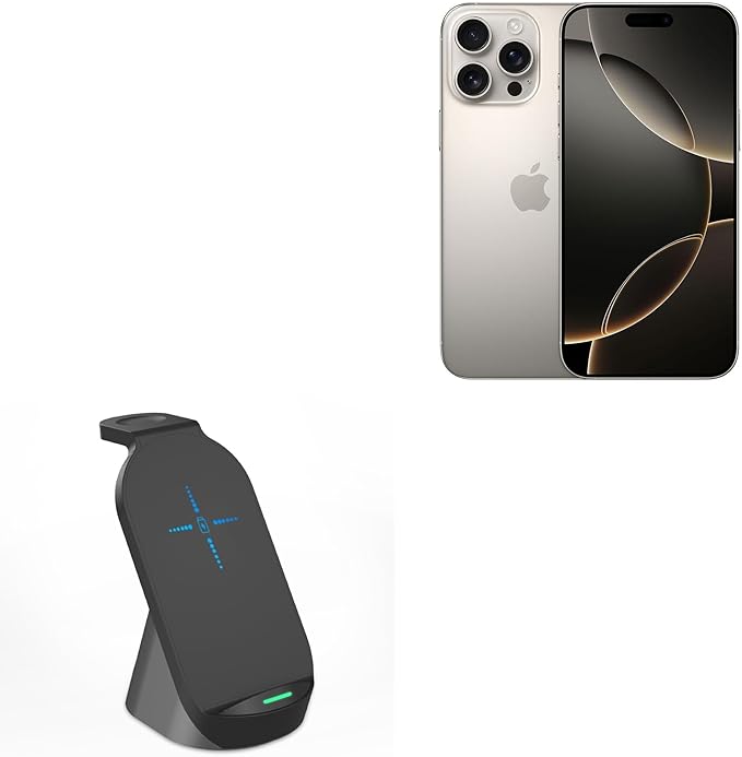BoxWave Charger Compatible with Apple iPhone 16 Pro Max - Compact Wireless MultiCharge Stand (10W) Wireless Qi Stand Charger Watch Earbuds - Jet Black