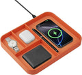 Faux Leather Valet Traywith 2 in 1 Wireless Charging Compatible with iPhone/17/16/15/15 Plus/15 Pro/15 Pro Max/14/13/12/Wireless earphonesOffice/Home Desk Organizers Tray-Orange